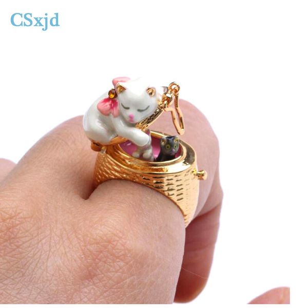 

csxjd new product selling luxury fashion ring cute white cat a family lid can open the rings of women c19041201, Slivery;golden