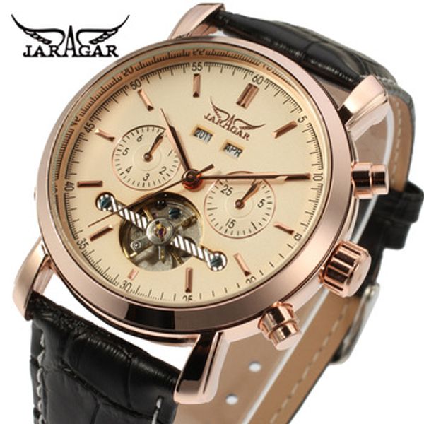 

jaragar men watch genuine leather band tourbillion automatic mechanical business wristwatches relogio releges, Slivery;brown