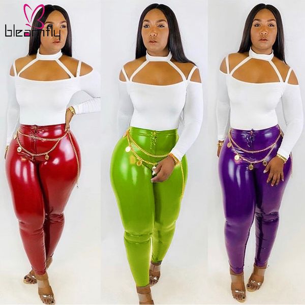 

new autumn winter women casual fashion pants pu leather mid waist casual pencil leggings skinny trousers fall joggers 2019, Black;white