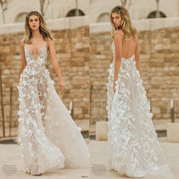 

berta 2020 boho wedding dresses lace 3d floral appliqued v neck backless beach bridal gowns custom made a line bohemian wedding dress