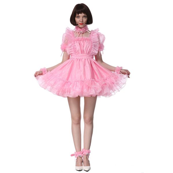 

sissy girl maid square cut neckline organza pink puffy dress crossdress, Black;red