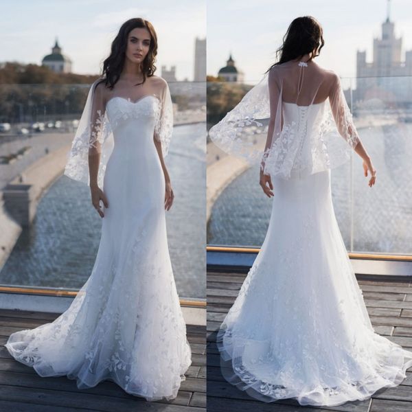 

amazing mermaid lace appliqued wedding dresses with wrap sweetheart neck beaded bridal gowns corset back sweep train tulle robes de mariÃ©e, White