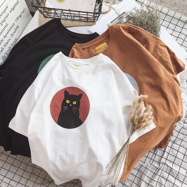 

мода cat мультфильм хлопок мило с короткими рукавами футболки женская летняя мода bf пара больших размеров -3xl повседневная новая футболка, White