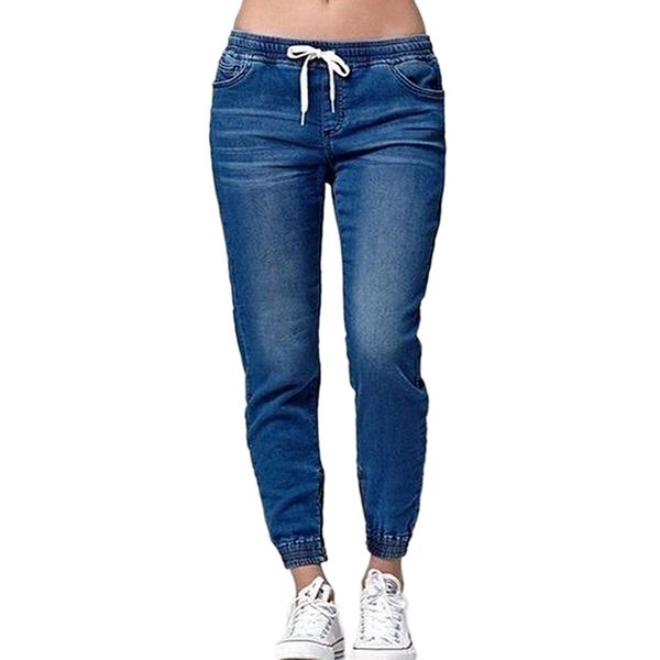 

women casual jogger pants drawstring elastic waisted jeans solid ladies denim pants slim leggings vaqueros mujer, Blue