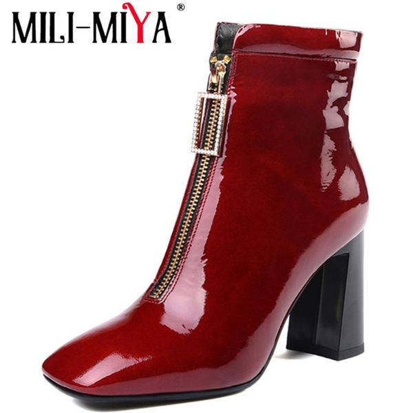 

mili-miya fashion women ankle boots cow leather square toe zipper square heels waterproof motorcycle boots big size 34-43, Black