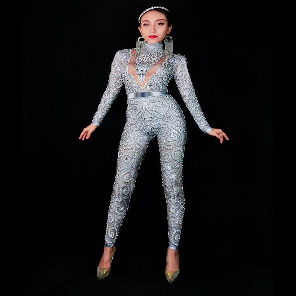 

women new fashion gray silver rhinestones jumpsuit stretch bodysuit stage performance party celebrate nightlcub outfit, Black;white
