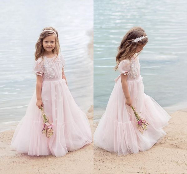 

blush pink little flower girls' dress with beaded applique kids party gown with short sleeve birthday communion dresses, White;blue
