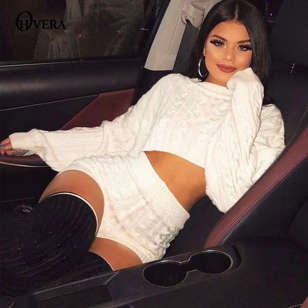 

ohvera knitted 2 piece set women long sleeve crop and bodycon shorts suit winter sweater two piece set 2018 outfits, White