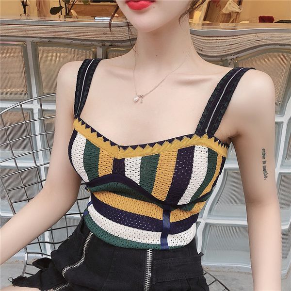 

knitted patchwork sweet spaghetti strap off shoulder low-cut backless ladies summer fashion brand camis women's clothing, White