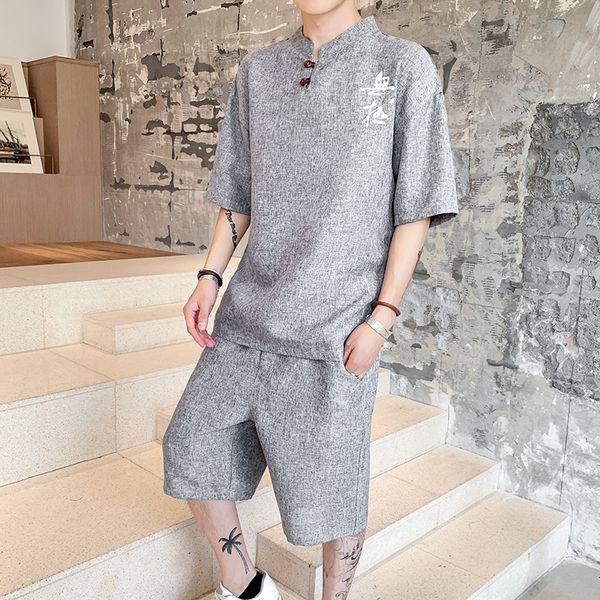 

summer linen suit men's chinese style cotton linen short sleeve t-shirt buddha men's summer two-piece suit, Gray