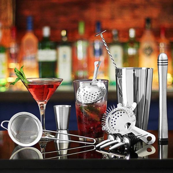 

11pcs stainless steel cocktail shaker mixer wine martini shaker set with wooden rack for bartender drink party bar tools