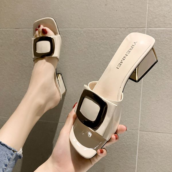 

shoes woman 2020 slippers women summer square heel heeled mules luxury slides pantofle block heels soft designer new pu high, Black