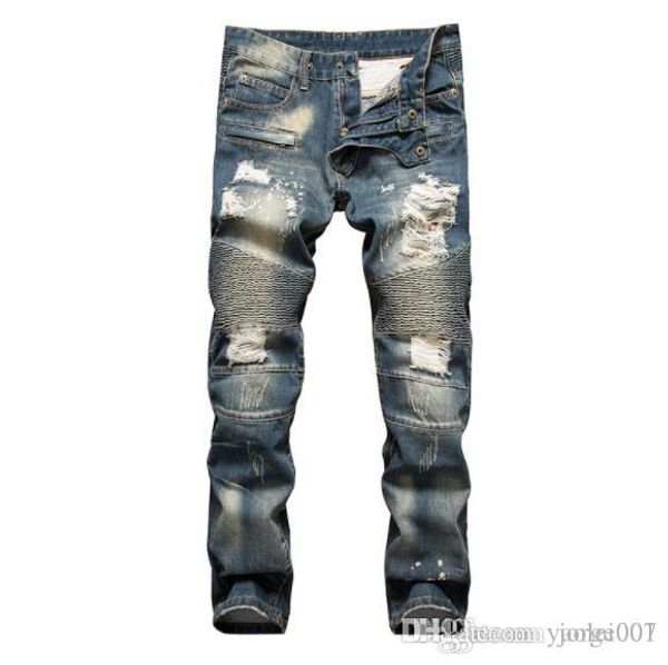 

europe and the united states jeans men's foreign trade hole locomotive slim wear washed straight large size men's jeans cotton, Blue