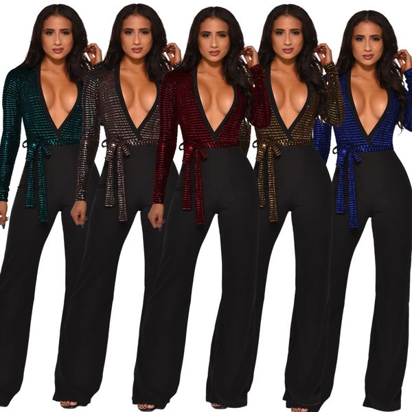 

sequins jumpsuits long sleeve v-neck party nightclub jumpsuit 2020 new womens romper, Black;white
