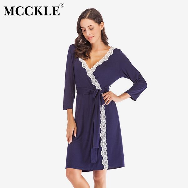 

women's v-neck lace patchwork modal bathrobe sashes 3/4 sleeve mini night dress women 2019 spring summer home clothes female, Black;red