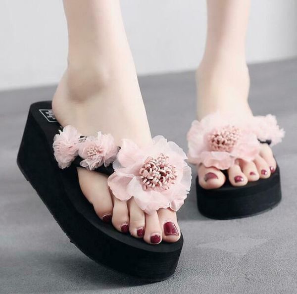 

flower beach slippers female summer seaside flip-flops fashion wedge sandals, Black