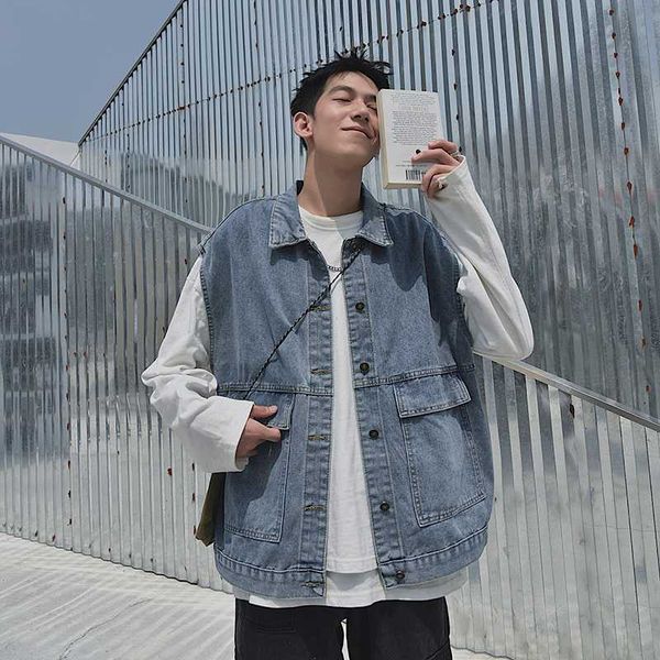 

autumn denim vest men's fashion solid color casual vintage cotton vest denim jacket men streetwear loose gilet coat male, Black;white