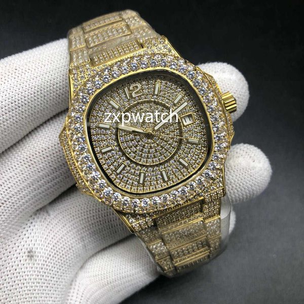 Beste Qualität Nautilus Diamantuhr Automatikwerk Wasserdicht Luxusuhr Mann 40mm Gold Edelstahl Sweep Move Set Diamant Iced Out Uhr