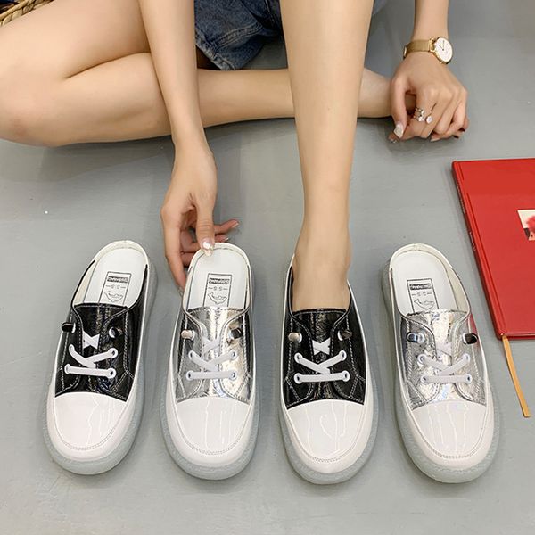 

loafers shoes slippers flat lady cover toe low slides slipers women girl 2020 rubber pu tpr basic fabric cross-tied loafers, Black