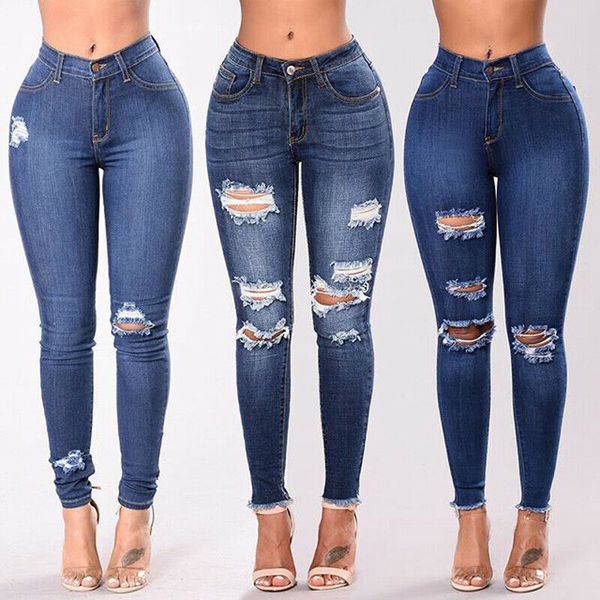 

Februaryfrost 2020 Women Fashion Stretch Skinny Ripped Hole Washed Denim Jeans Slim High Waist Pencil Pants Jeggings