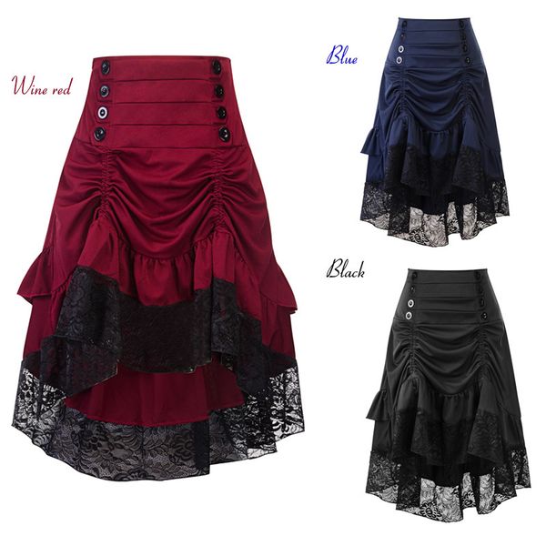 

women new gothic style red vintage skirt bottoms ruffle irregular hem lace skirts double-breasted casual pleated skirts, Black