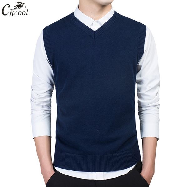 

cncool mens knitted vest sweater 2017 autumn winter business casual v neck solid color sleeveless men's pullovers sweaters, Black;white