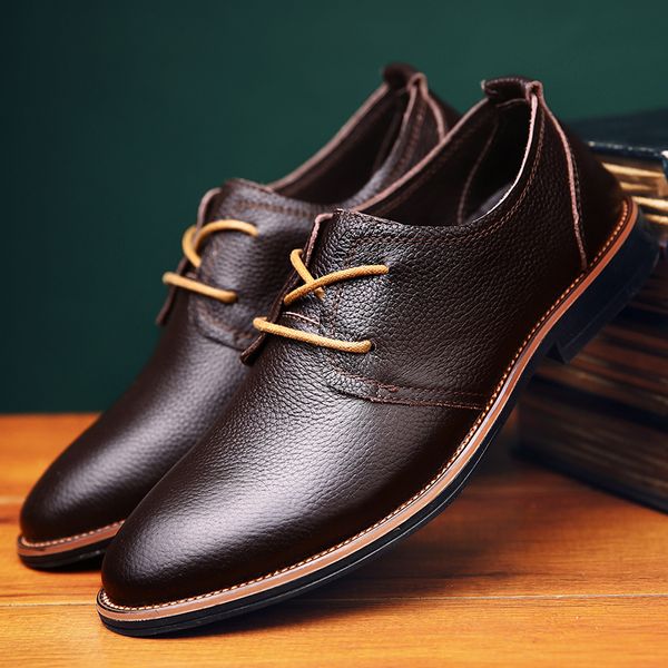 

brand oxfords british style men genuine leather dress shoes business formal shoes men flats, Black