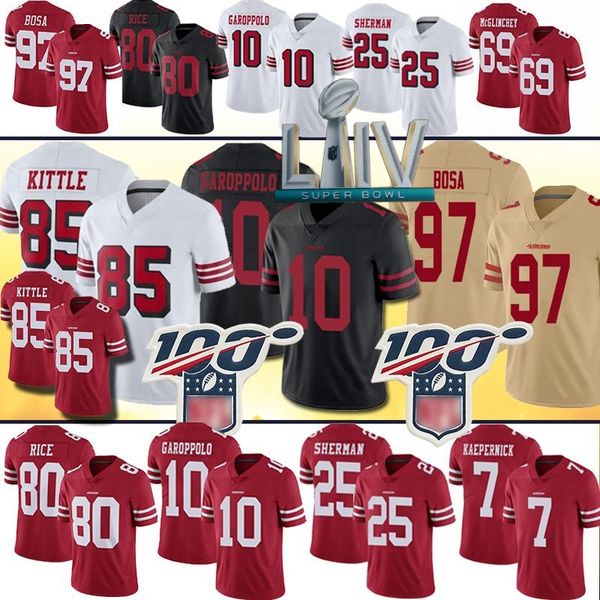 

10 jimmy garoppolo 2020 san francisco jerseys 97 nick bosa 85 george kittle 80 jerry rice 49er 56 reuben foster 16 joe montana, Black;red