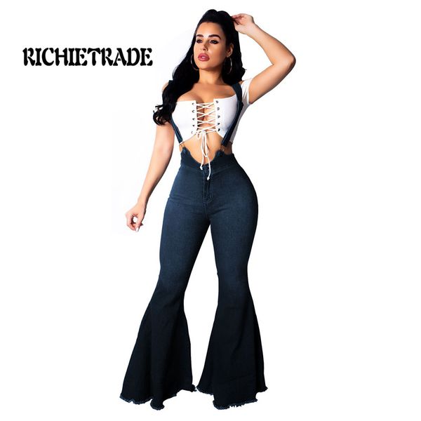 

richietrade woman jumpsuit full length solid belt high-waist jeans bells, Black;white