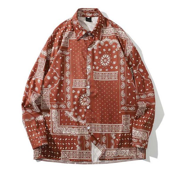 

mens paisley floral print hawaii beach shirts harajuku streetwear 2020 summer long sleeve blouse hiphop brown shirts, White;black