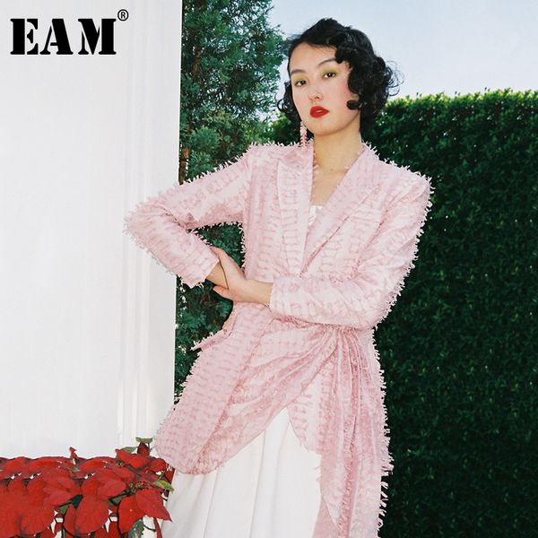 

eam] 2019 new autumn winter turn-down collar long sleeve tassels irregular bandage pleated jacket women coat fashion jy065, Black;brown
