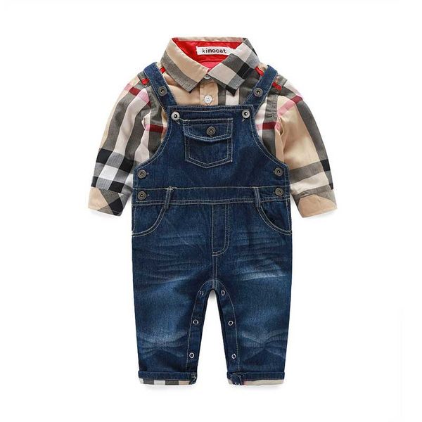 

sunma spring autumn baby boys gentleman style clothing sets toddler boys plaid shirt+denim suspender pants 2pcs set infant suit kids outfits, White