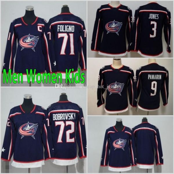 

men women youth columbus blue jackets 72 sergei bobrovsky 71 nick foligno 9 artemi panarin 3 seth jones blue jerseys all stiched hockey, Black;red