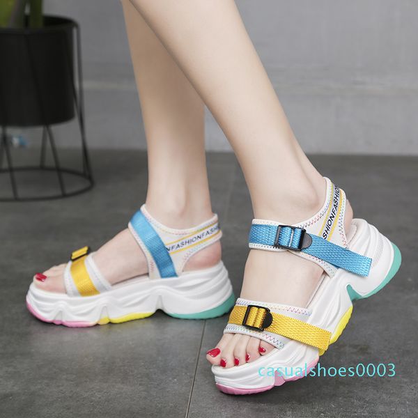 

rainbow sole open toe sport sandals women color buckle casual platform wedge sandals summer beach shoes women c03, Black