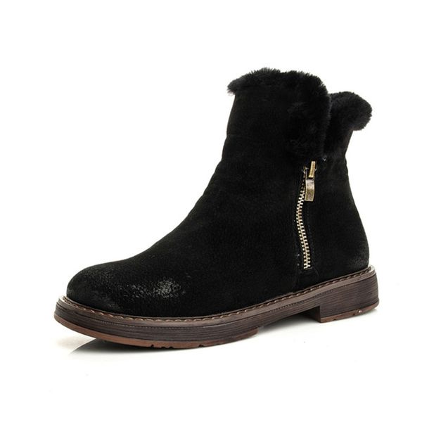 

2019 winter new warm women's boots plus velvet double zipper boots round head wool women's flat with ladies snow, Black