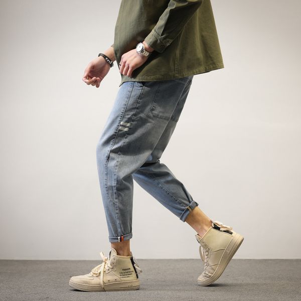 

autumn jeans men fashion large size loose denim pants 2019 new man drawstring pocket button streetwear casual denim trousers, Blue
