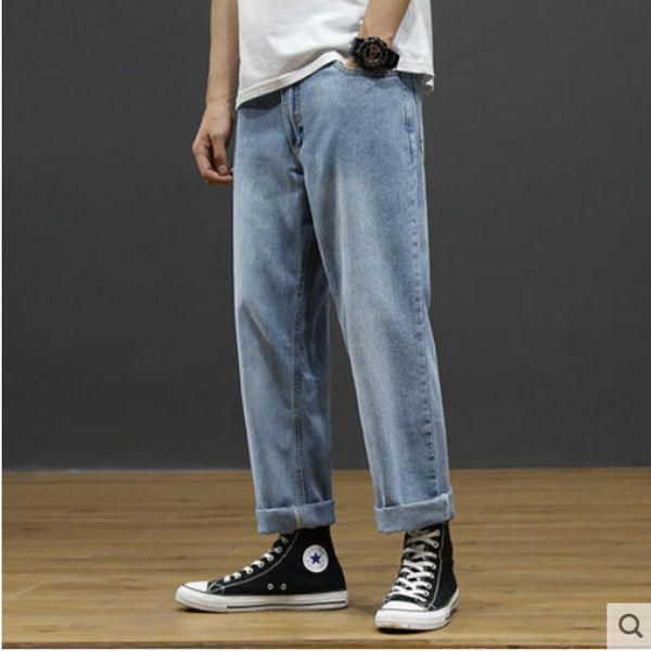 

light blue han edition tide loose jeans men's popular logo straight drop wide-legged pants
