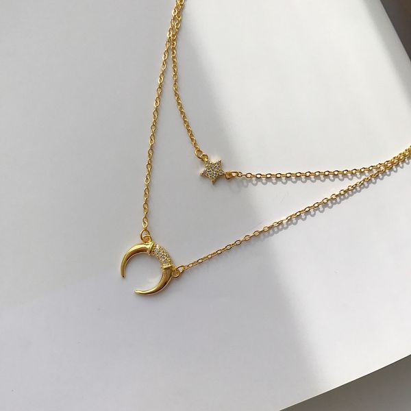 

double layer 925 sterling silver moon star pendants necklace simple element design wild temperament necklace for women jewelry