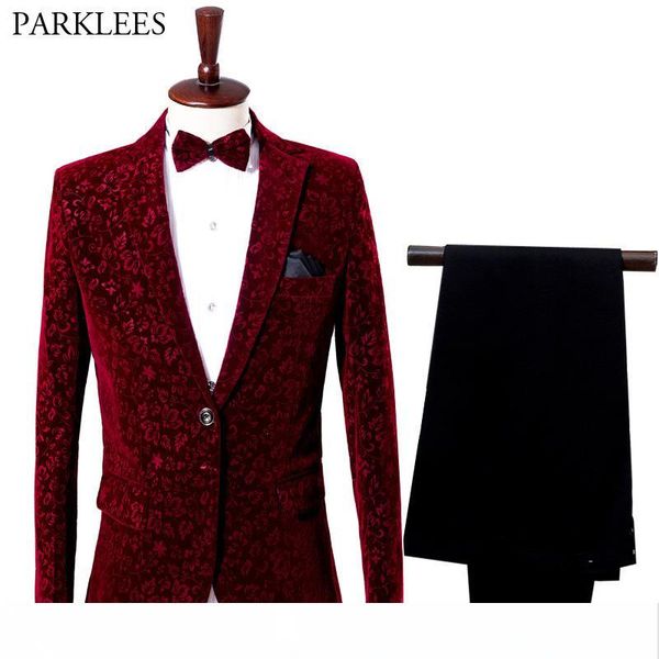 

вино красный цветочный костюм блейзер мужчины 2018 мода жених жених свадьба 2 шт костюм (куртка+брюки) мужчины партия этап певица костюм, White;black