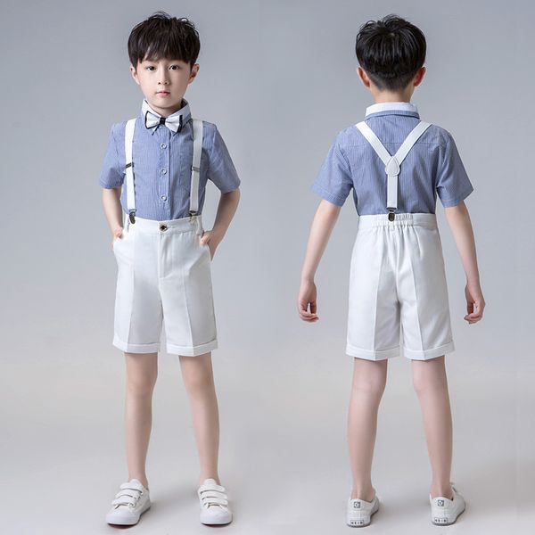 

children's day performance costume set boy new school chorus performance clothing sets kids shirts shorts strap bowtie outfits, White