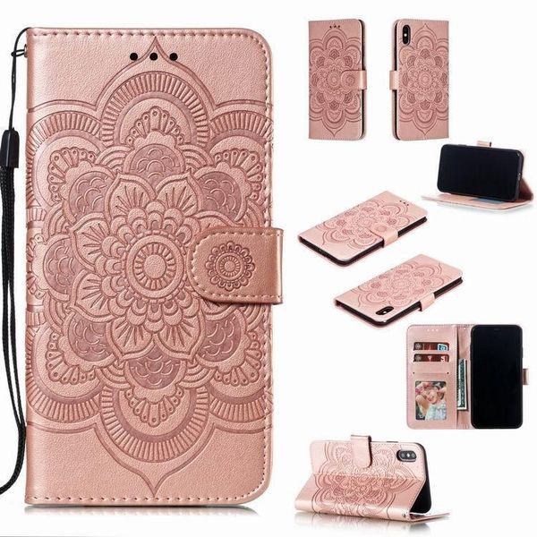 

sun mandala embossing leather phone case for iphone 8 x xr 7 plus business card holders retro pu leather cases with wristband for samsung