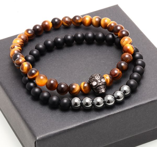 

2pcs/set charm bracelets 2pc natural tiger eye stone beads bracelet men copper inlaid zircon skull bracelets & bangles pulseira, Golden;silver