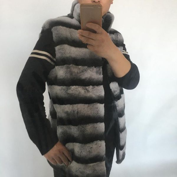 

chinchilla men's zipper vest real rex fur coat men's fur vest, Black
