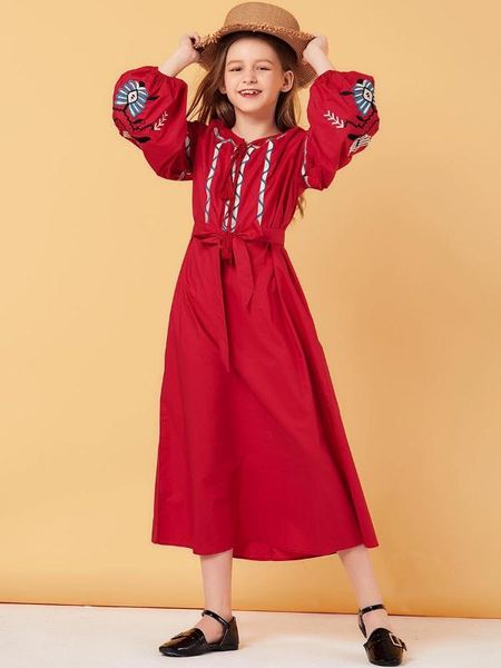 

vestidos девушки цветочная вышивка turbante платье мусульманин абая платье арабский рамадан халат femme ropa дети турция дубай абая, Red