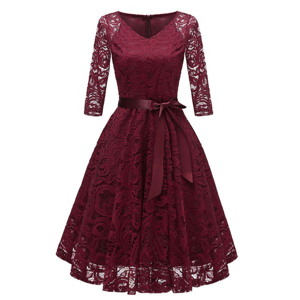

women elegant party dress lace solid color knee-length a-line dresses v-neck bow-knot three quarters sleeve dresses #bl30, Black;gray