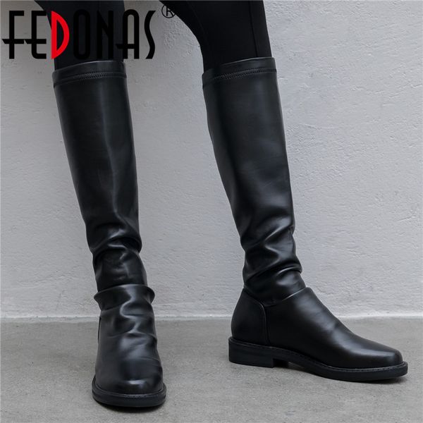 

fedonas classic round toe slip on square heels warm riding boots winter genuine leather women knee high boots basic shoes woman, Black
