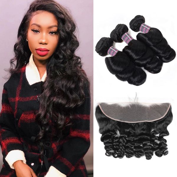 

ishow brazilian 3 pcs with lace frontal closure loose wave extensions virgin human hair bundles 8-28inch for women all ages natural color, Black