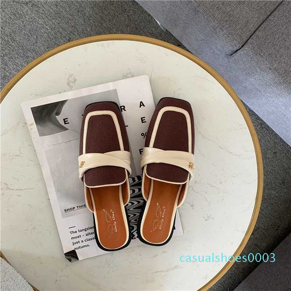 

2020 summer women pu leather strappy mule heels sandals slippers women flat heels shoes square toe female slides casual slippers c03, Black