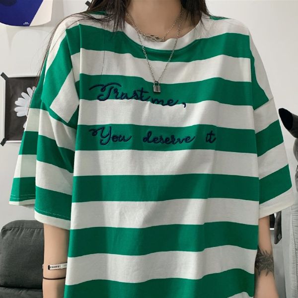 

short sleeve oversized graphic letter embroidery harajuku streetwear korean women man stripe t-shirt tshirt tee casual funny, White