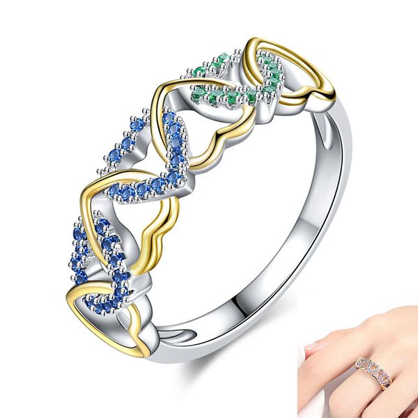 Romantic Silver Color Heart To Love Heart Ring Colorful Crystal